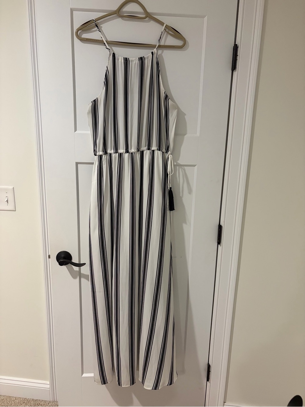 LOFT Black and White Striped Halter Maxi Dress